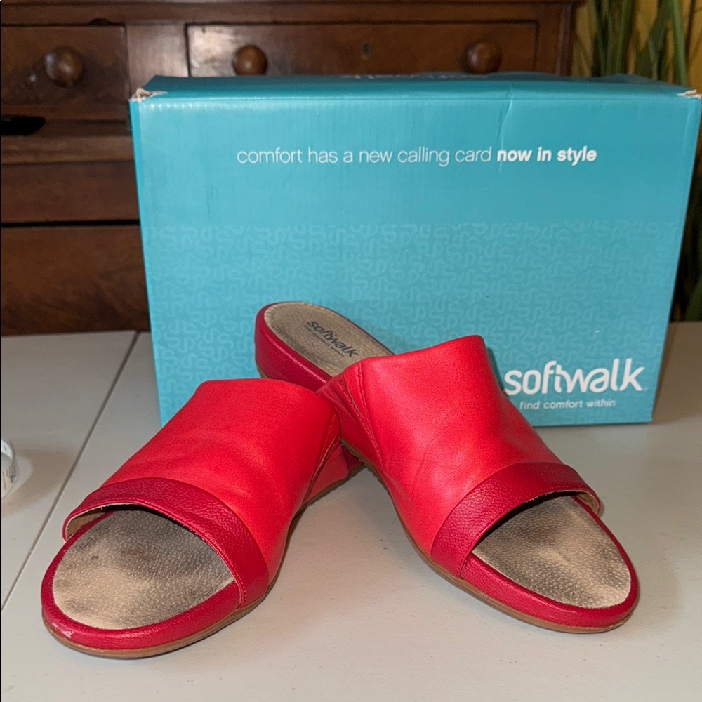 SoftWalk Red Open Toe Slide Sandals